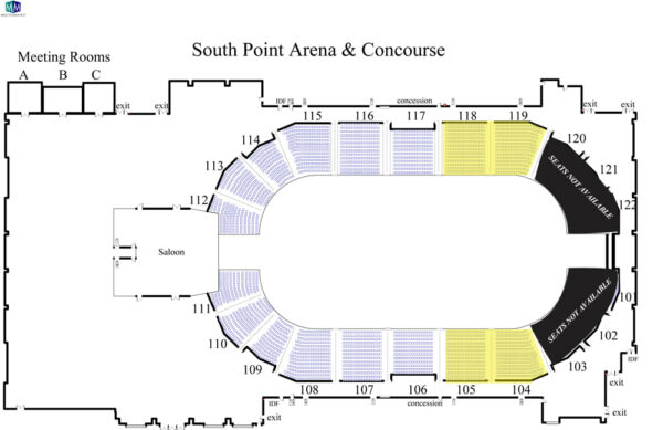 South Point Arena seat map for the cutting night, premier seating shown in yellow